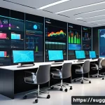 Home 20 추천 시스템에서의 성과 향상 전략 - A futuristic data center control room filled with multiple large transparent screens displaying colo...