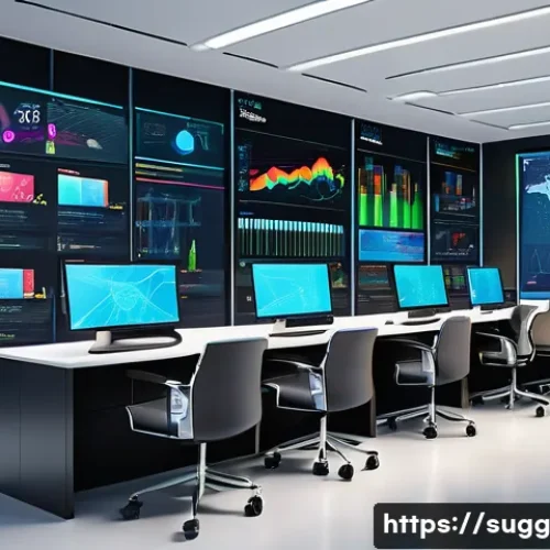 Home 32 추천 시스템에서의 성과 향상 전략 - A futuristic data center control room filled with multiple large transparent screens displaying colo...