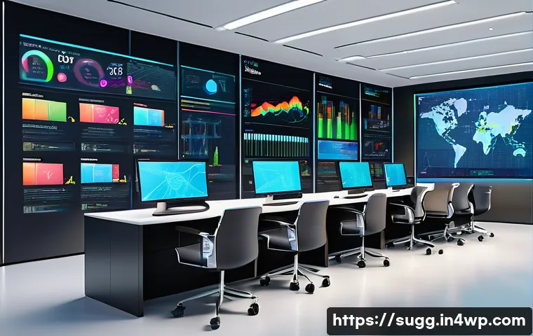 추천 시스템에서의 성과 향상 전략 - A futuristic data center control room filled with multiple large transparent screens displaying colo...