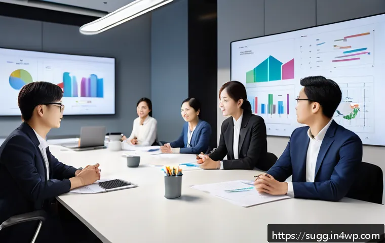 추천 시스템의 사용자 요구 사항 분석 - A detailed illustration of a diverse group of professionals conducting user interviews in a modern o...
