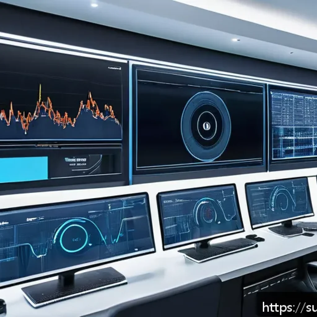 AI 추천 시스템의 추천 품질 평가 기준 - A high-tech control room with multiple large digital screens displaying complex recommendation syste...