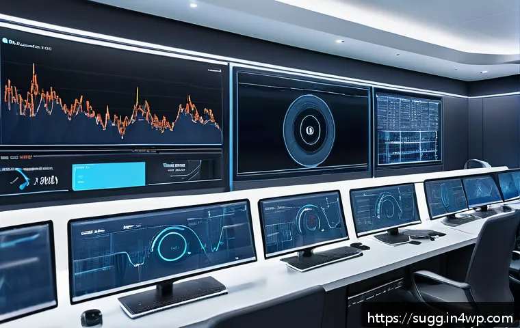AI 추천 시스템의 추천 품질 평가 기준 - A high-tech control room with multiple large digital screens displaying complex recommendation syste...